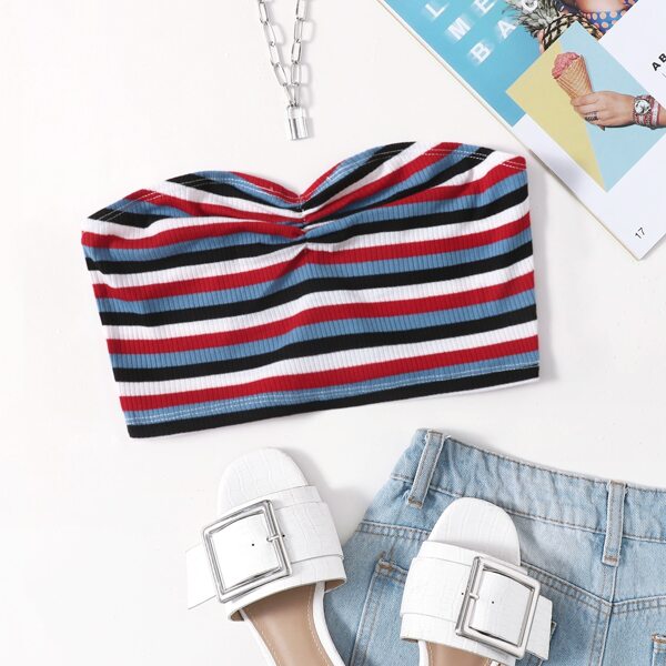 

Striped Ruched Detail Rib-knit Tube Top, Multicolor
