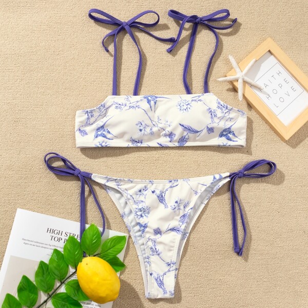 

Floral Random Print Tie Side Bikini Swimsuit, White