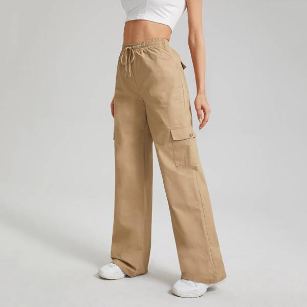

Drawstring Waist Flap Pocket Palazzo Pants, Khaki