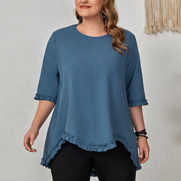 

Plus Asymmetrical Hem High Low Blouse, Navy blue
