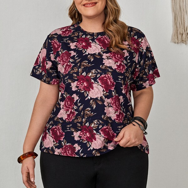 

Plus Floral Print Crew Neck Tee, Multicolor