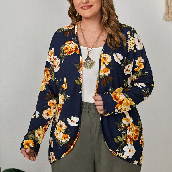 

Plus Floral Print Drop Shoulder Kimono, Multicolor