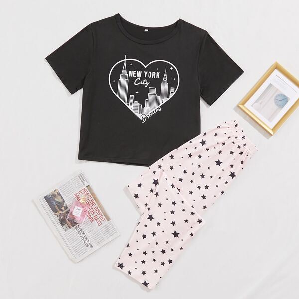 

Building And Heart Print Pajama Set, Multicolor