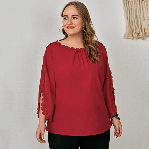 

Plus Solid Appliques Boat Neck Blouse, Burgundy