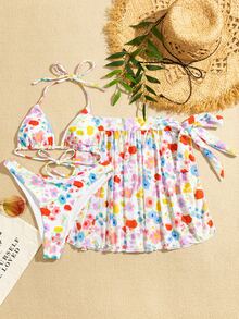 Set 3 bộ Bikini hoa & Váy đi biển - Nhiều màu - Xem 7