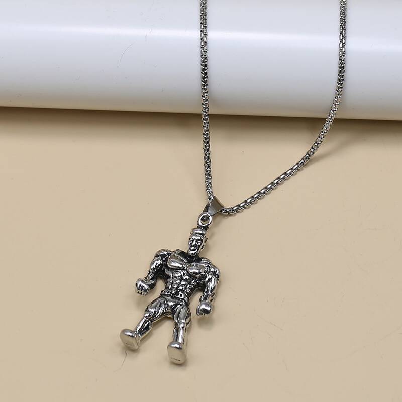 

Guys Bodybuilder Charm Necklace, Silver