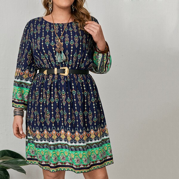 

Plus Graphic Print A-line Dress Without Belt, Multicolor