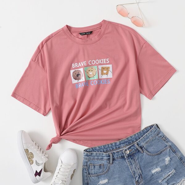 

Cartoon & Letter Print Tee, Dusty pink