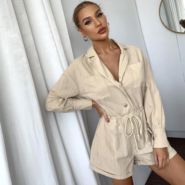 

Patch Pocket Drawstring Waist Romper, Beige
