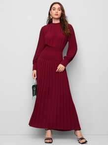 Mulvari Solid Pleated Detail Dress - Burgundy - View 4
