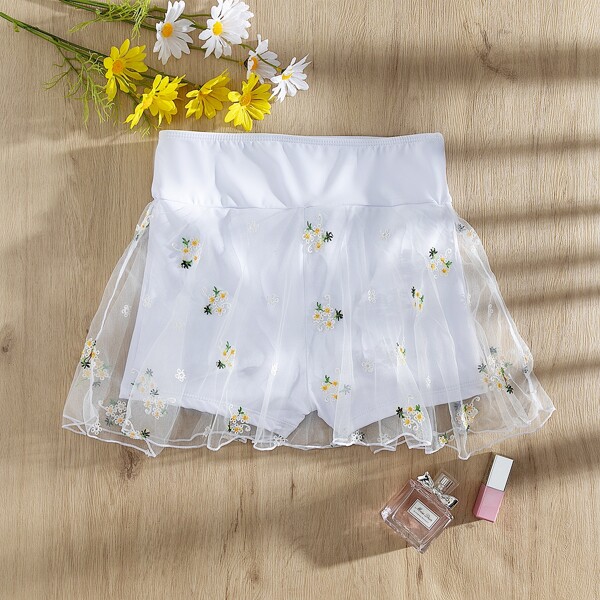 

Floral Embroidered Mesh Overlay Bikini Skirt, White