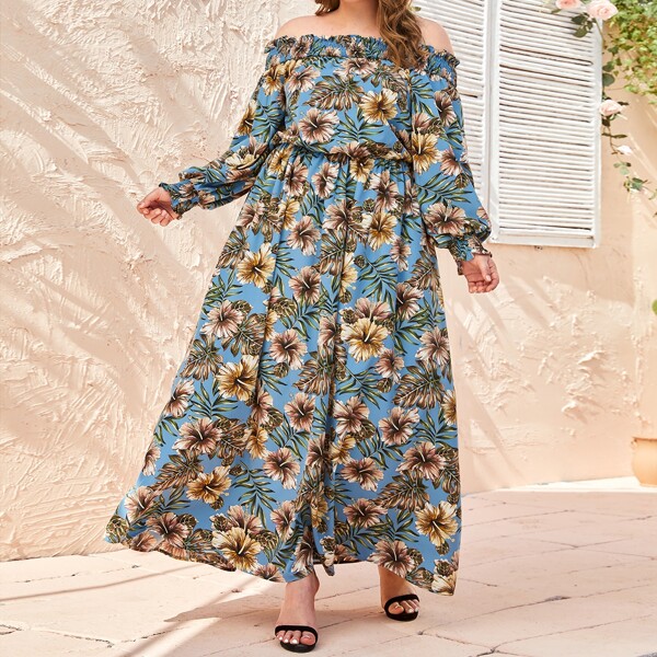 

Plus Off Shoulder Bishop Sleeve Floral Dress, Multicolor