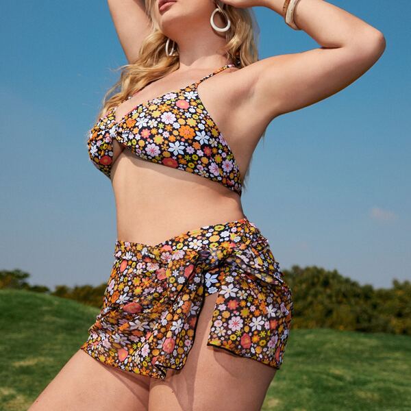 

3pack Plus Ditsy Floral Halter Bikini Swimsuit, Multicolor