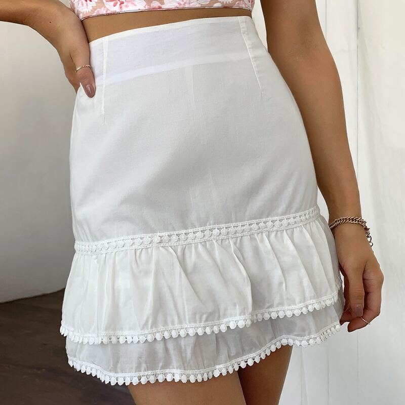 

Lace Trim Layered Ruffle Hem Skirt, White