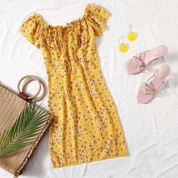

Frill Trim Tie Front Ditsy Floral Dress, Yellow