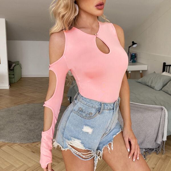 

Keyhole Button Slim Bodysuit, Pink