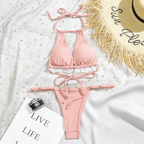 

Lace Trim Halter Thong Bikini Swimsuit, Baby pink