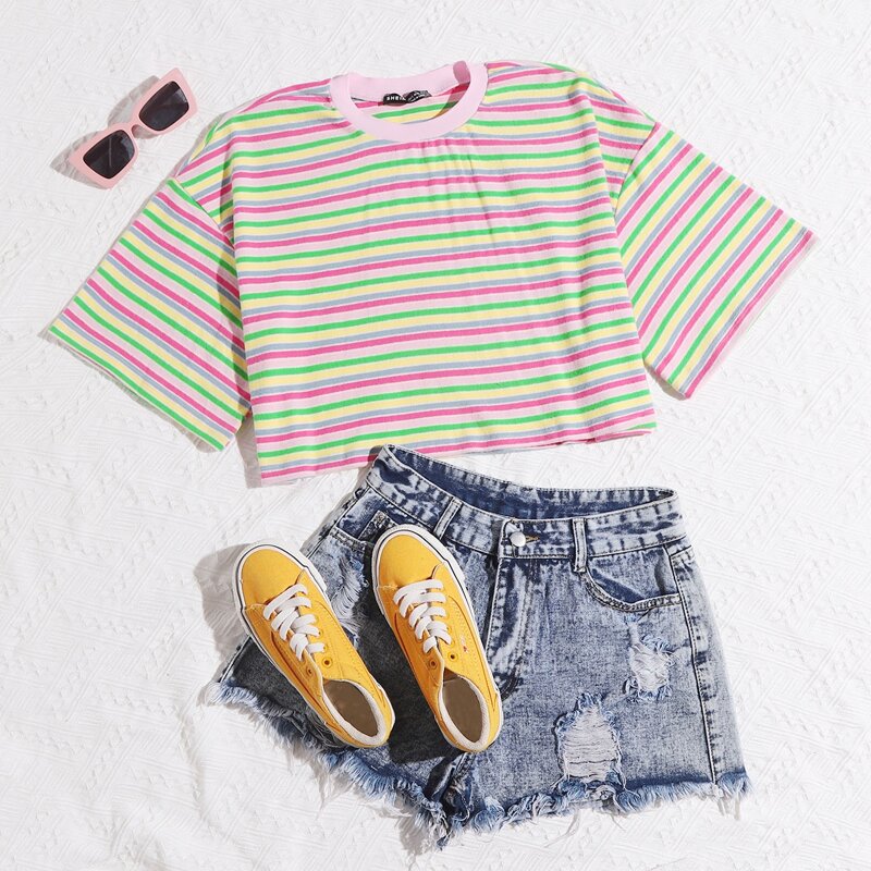 

Drop Shoulder Striped Crop Tee, Pink