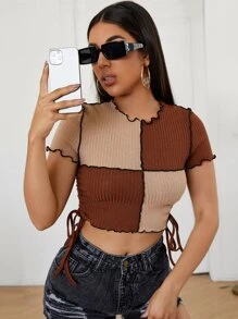 SHEIN EZwear 生菜邊側抽繩羅紋針織拼色T恤 - 彩色 - 查看 1