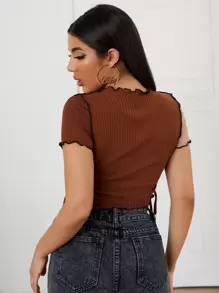 SHEIN EZwear 生菜邊側抽繩羅紋針織拼色T恤 - 彩色 - 查看 2