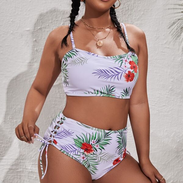 

Plus Floral Tie Side Bikini Swimsuit, Multicolor