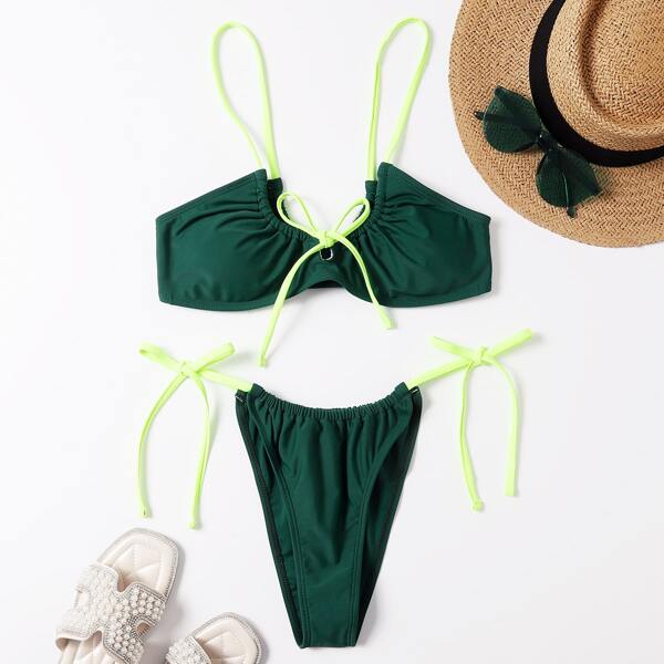

Knot Detail Thong Bikini Swimsuit, Dark green
