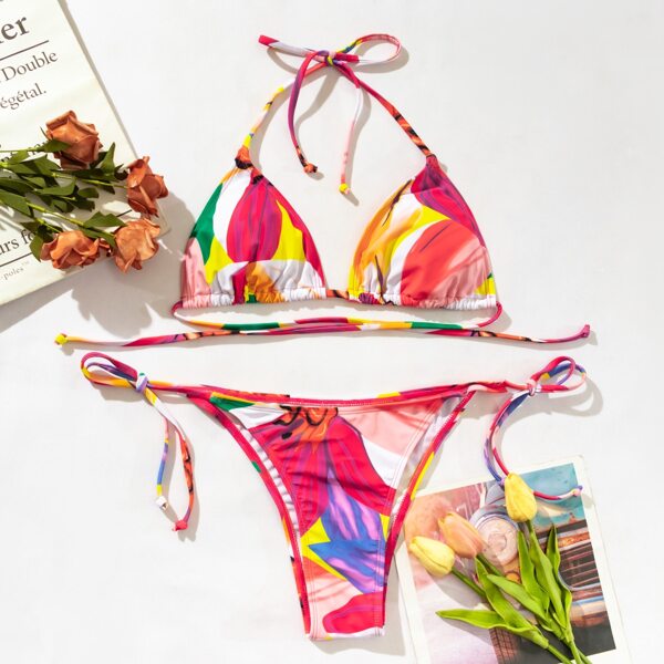 

Plant Print Halter Tie Side Bikini Swimsuit, Multicolor
