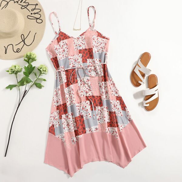 

Plus Floral Patchwork Belted Cami Dress, Multicolor