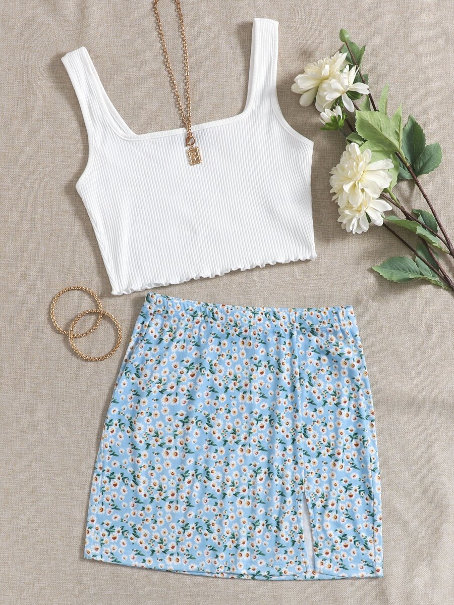 Soleia 生菜邊背心上衣和開衩下擺小雛菊花卉半身裙套裝