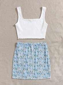 Soleia 生菜邊背心上衣和開衩下擺小雛菊花卉半身裙套裝