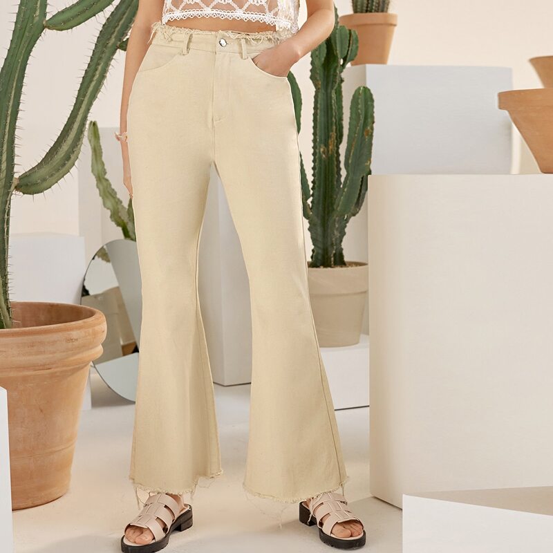 

Raw Trim Flare Leg Pants, Beige