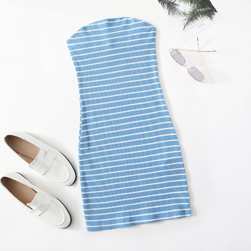 

Striped Print Rib-knit Tube Dress, Blue and white