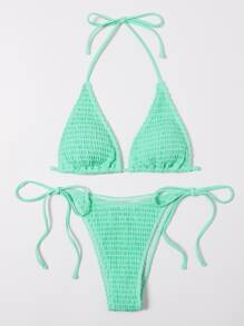Swim Vcay 捆紋微三角泳衣套裝，帶綁帶側系 - 綠色 - 查看 3