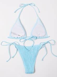 Swim Vcay Summer Beach Mono Bikini Set Smocked Micro Triangle Bra & Tie Side Bottom 2 Pieces Bikini - Baby Blue - View 2