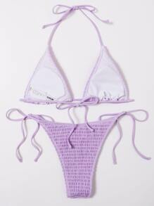 SHEIN Swim Summer Beach Mono Bikini Set Smocked Micro Triangle Bra & Tie Side Bottom 2 Pieces Bikini - Purple - View 2