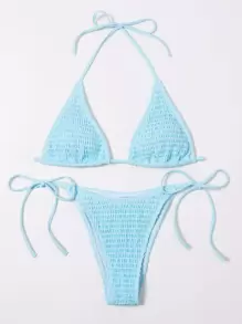 Swim Vcay Summer Beach Mono Bikini Set Smocked Micro Triangle Bra & Tie Side Bottom 2 Pieces Bikini - Baby Blue - View 3