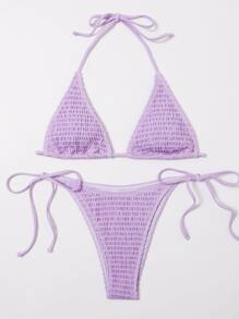 SHEIN Swim Summer Beach Mono Bikini Set Smocked Micro Triangle Bra & Tie Side Bottom 2 Pieces Bikini - Purple - View 3