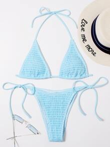 Swim Vcay Summer Beach Mono Bikini Set Smocked Micro Triangle Bra & Tie Side Bottom 2 Pieces Bikini - Baby Blue - View 4