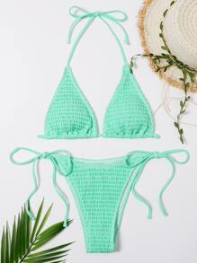 Swim Vcay 捆紋微三角泳衣套裝，帶綁帶側系 - 綠色 - 查看 6