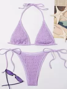 SHEIN Swim Summer Beach Mono Bikini Set Smocked Micro Triangle Bra & Tie Side Bottom 2 Pieces Bikini - Purple - View 4