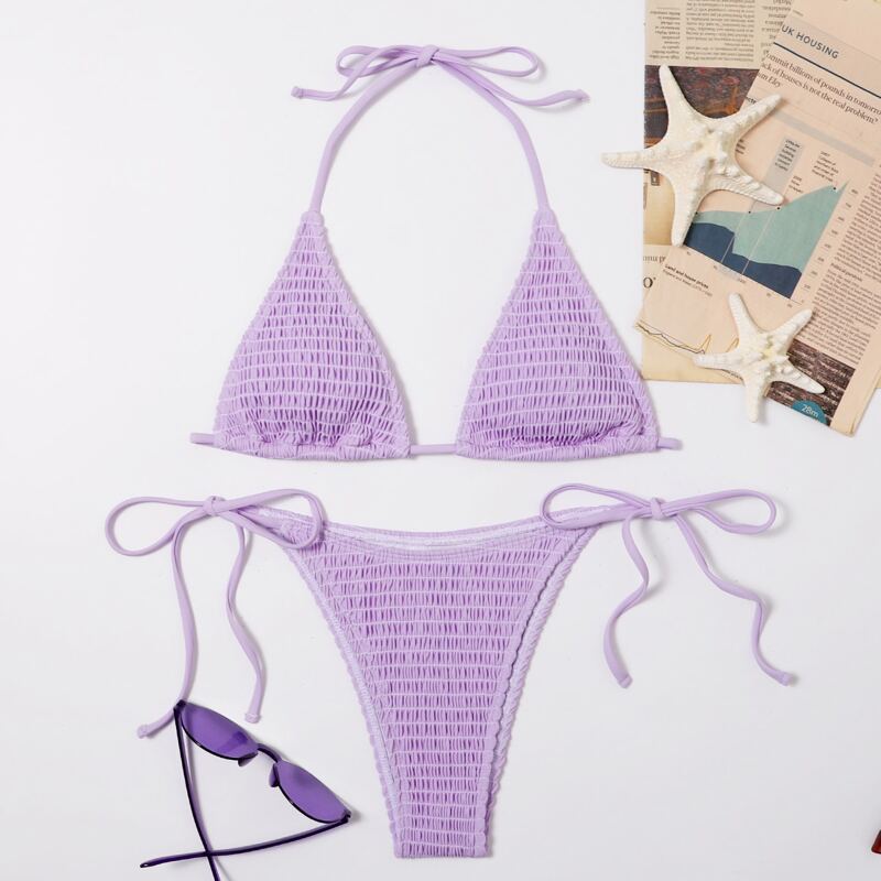 

Smocked Micro Triangle Tie Side Bikini Swimsuit, Purple