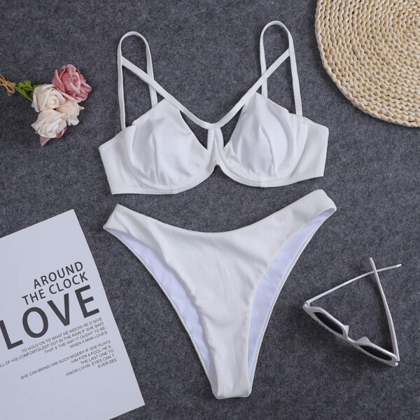 

Rib Cut-out Underwire Bikini Swimsuit, White
