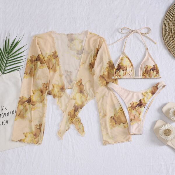 

3pack Abstract Fluid Pattern Halter Bikini Swimsuit & Cover Up, Yellow