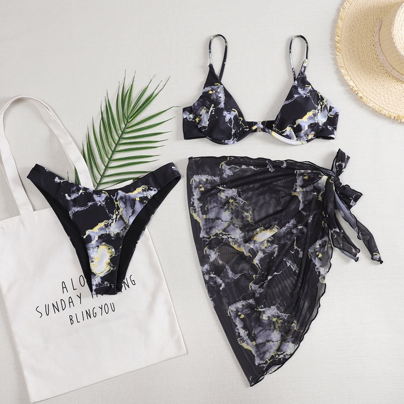 

3pack Abstract Fluid Pattern Underwire Bikini Swimsuit & Cover Up, Black