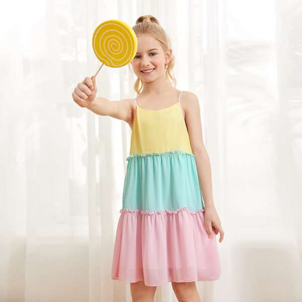 

Girls Cut And Sew Frill Trim Cami Dress, Multicolor
