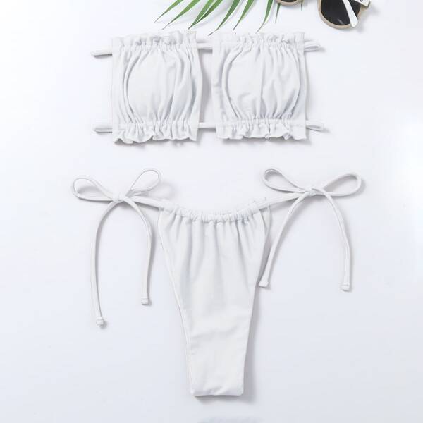 

Ruched Frill Bandeau Tie Side Bikini Swimsuit, White