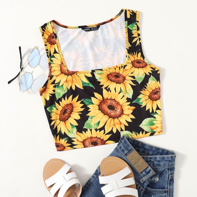 

Square Neck Sunflower Print Tank Top, Multicolor