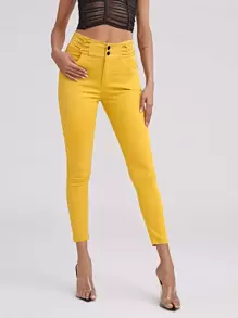 High Waist High Stretch Skinny Jeggings - Yellow - View 1