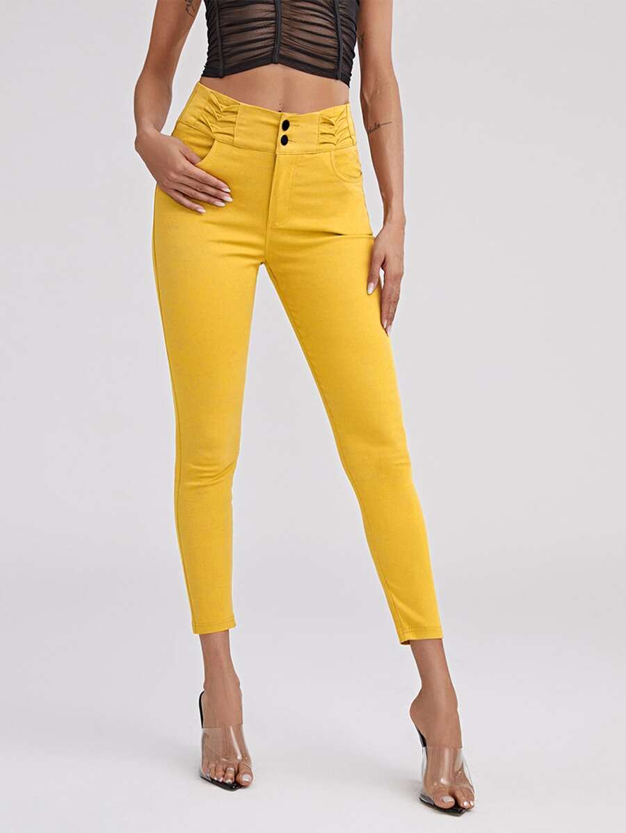 High Waist High Stretch Skinny Jeggings - Yellow - View 1