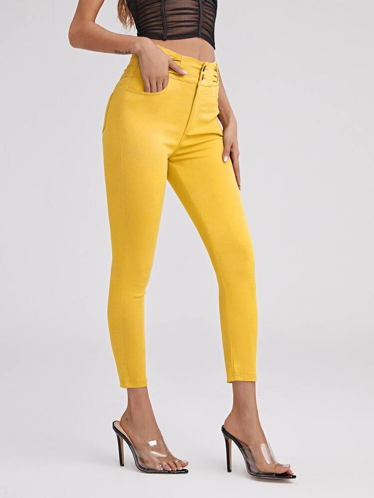 High Waist High Stretch Skinny Jeggings - Yellow - View 4